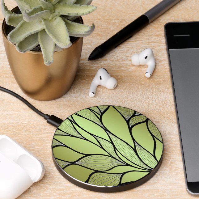 Olive Green Creative Leave Pattern  Wireless Charger (Desk 2)