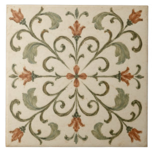 Olive Green Curling Vine Tuscan Floral Ceramic Tile