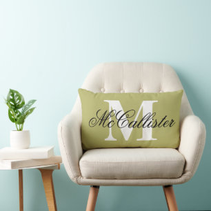 Olive green custom monogram lumbar throw pillow