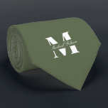 Olive Green | Custom Monogram Wedding Groomsmen  Neck Tie<br><div class="desc">Elevate your wedding day or special occasion look with this Elegant Monogram and Custom Name Neck Tie. This is the ultimate accessory for the groom and his entire wedding party, offering a stylish and sophisticated way to ensure everyone's look is coordinated and personal. Featuring a bold, classic white monogram initial...</div>