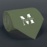 Olive Green | Custom Monogram Wedding Groomsmen  Neck Tie<br><div class="desc">Elevate your wedding day or special occasion look with this Elegant Monogram and Custom Name Neck Tie. This is the ultimate accessory for the groom and his entire wedding party, offering a stylish and sophisticated way to ensure everyone's look is coordinated and personal. Featuring a bold, classic white monogram initial...</div>