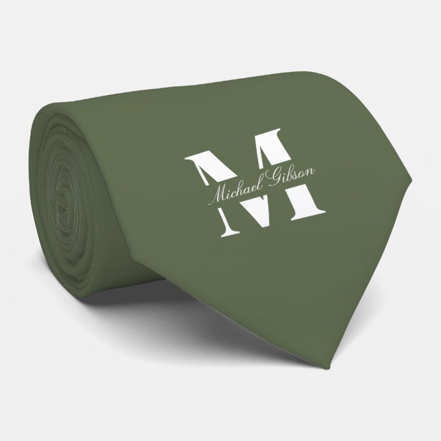 Olive Green | Custom Monogram Wedding Groomsmen  Neck Tie (Rolled)
