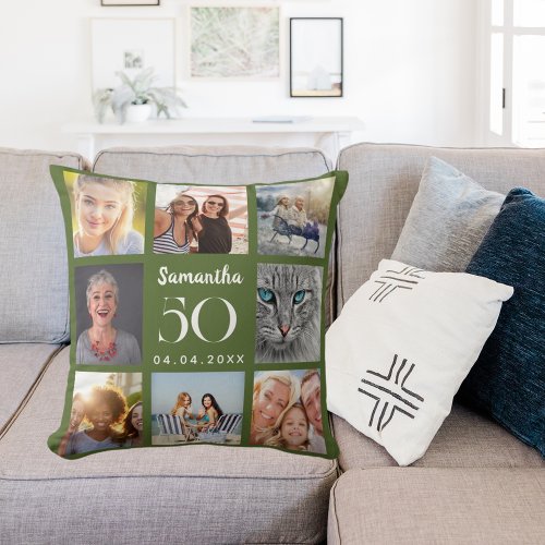 Olive green custom photo collage birthday throw pillow