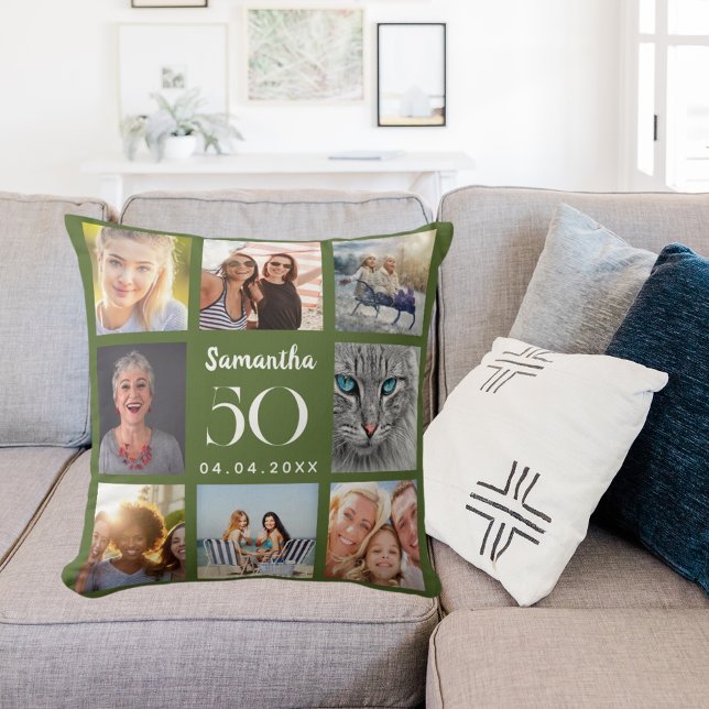 Olive green custom photo collage birthday throw pillow (Creator Uploaded)