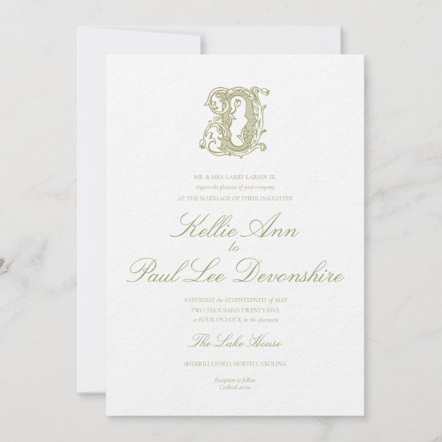 Olive Green "D" Monogram Wedding Invitation (Front)