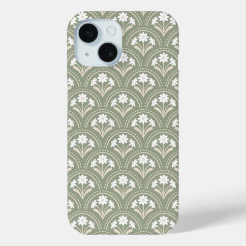 Olive Green Daisy Scallop Pattern iPhone 15 Case