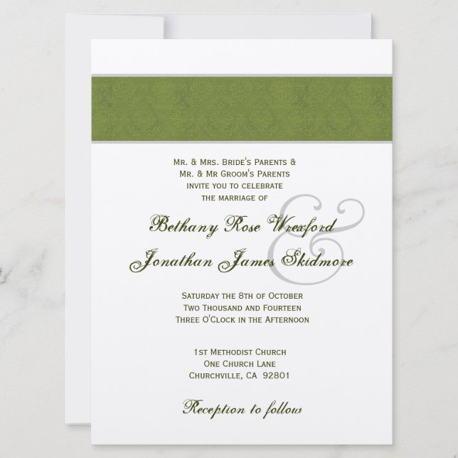 Olive Green Damask and Champagne Metallic Invitation (Front)