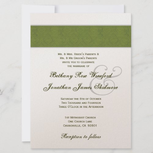 Olive Green Damask and Champagne Metallic Personalized Invite