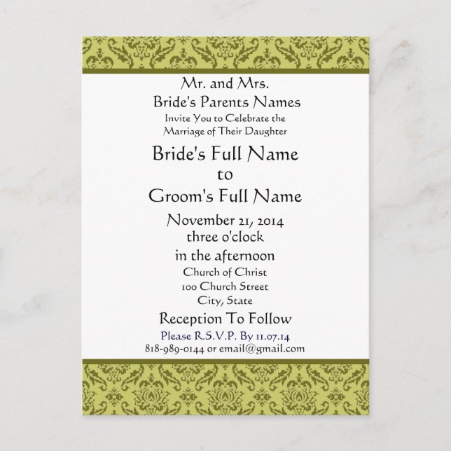 Olive Green Damask on White Wedding Invitation (Front)