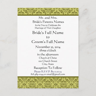 Olive Green Damask on White Wedding Invitation Postcard