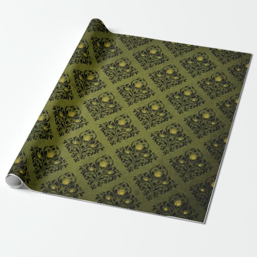 Olive Green Damask Print Rustic Halloween Wrapping Paper