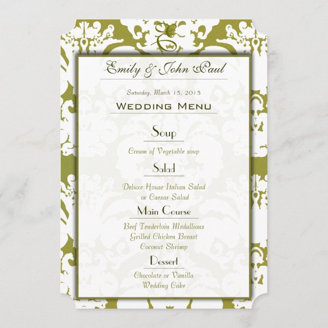 Olive Green Damask Wedding Program (Back)