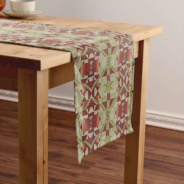 Olive Green Dark Red Orange Ochre Brown Tribal Art Long Table Runner (In Situ)