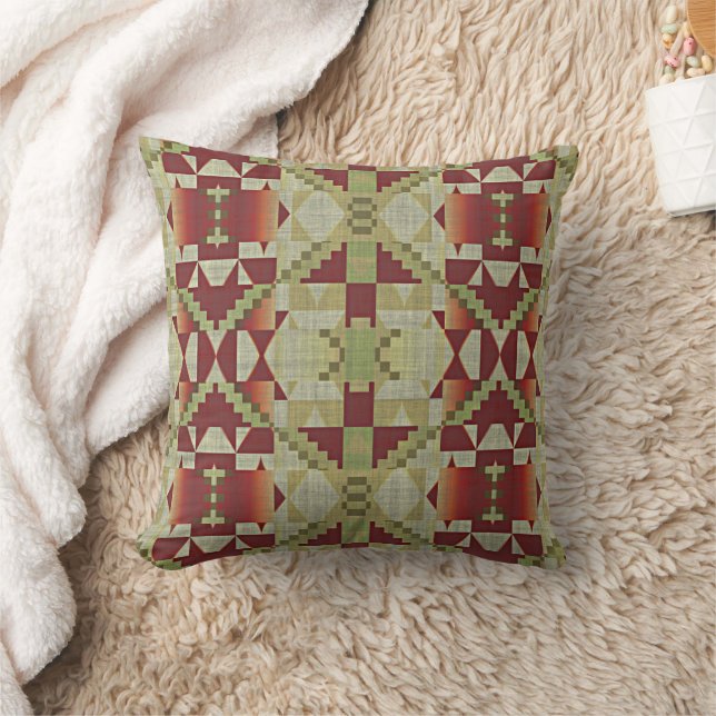 Olive Green Dark Red Orange Ochre Brown Tribal Art Throw Pillow (Blanket)