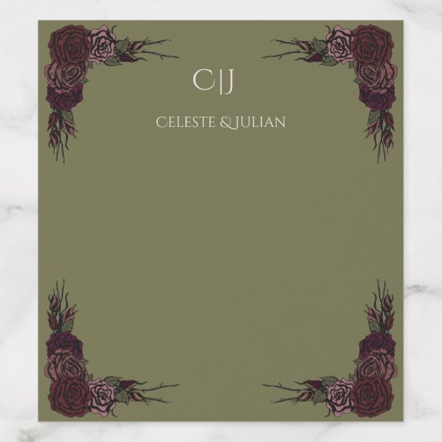 Olive Green Dark Roses Initials Wedding Envelope Liner (Design)