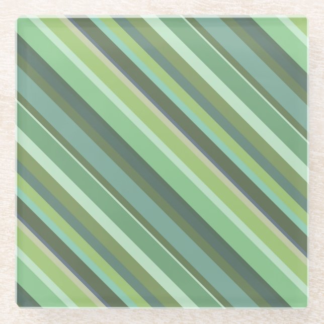 Olive green diagonal stripes glass coaster (Front)