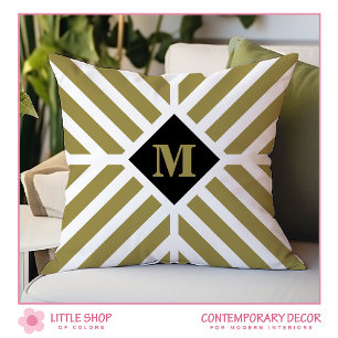 Olive Green Diagonal Stripes Monogram Throw Pillow