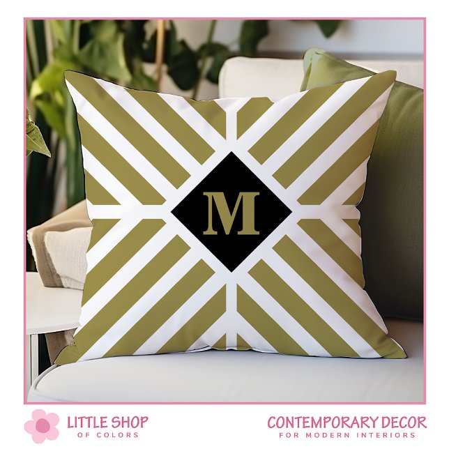 Olive Green Diagonal Stripes Monogram Throw Pillow (Creator Uploaded)