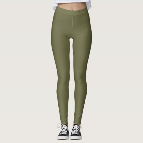 Olive Green Earthy Solid Color Print Leggings