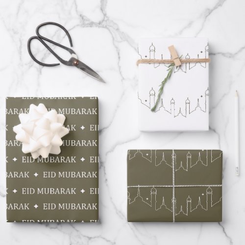 Olive Green Eid Mubarak Masjid Pattern Design Wrapping Paper Sheets