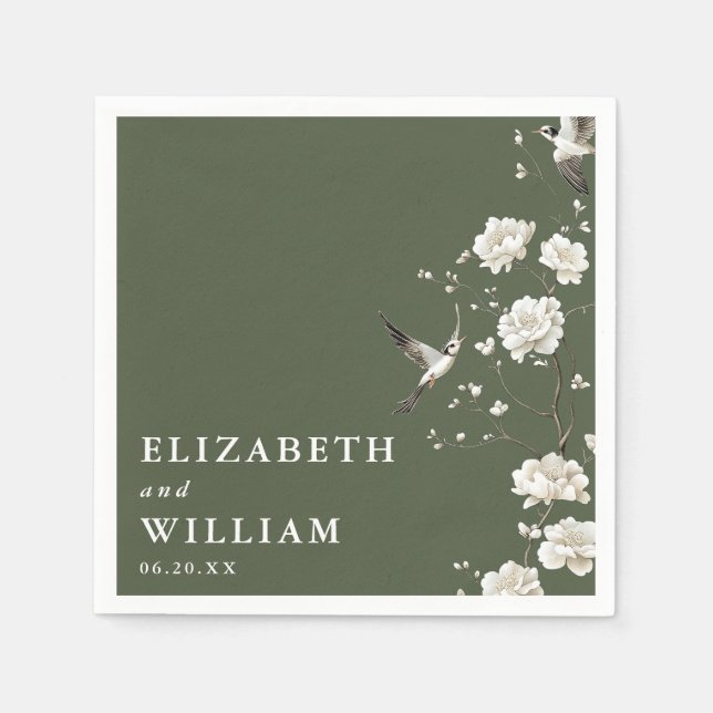 Olive Green Elegant Chinoiserie Floral Wedding Napkins (Front)