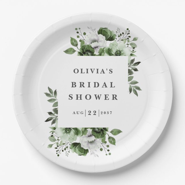 Olive Green Elegant Country Floral Bridal Shower Paper Plates (Front)