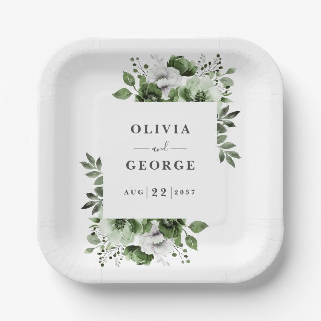 Olive Green Elegant Country Floral Wedding Paper Plates (Front)