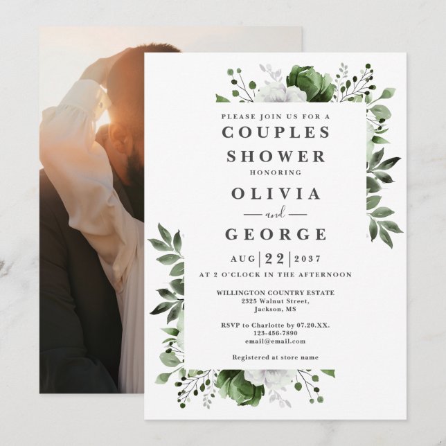 Olive Green Elegant Floral Couples Shower Photo Invitation (Front/Back)