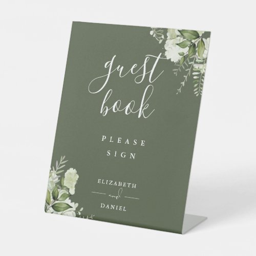 Olive Green Elegant Floral Greenery Guest Book Pedestal Sign