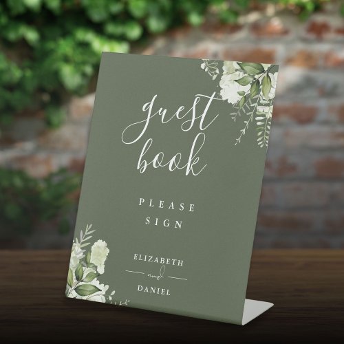 Olive Green Elegant Floral Greenery Guest Book Pedestal Sign