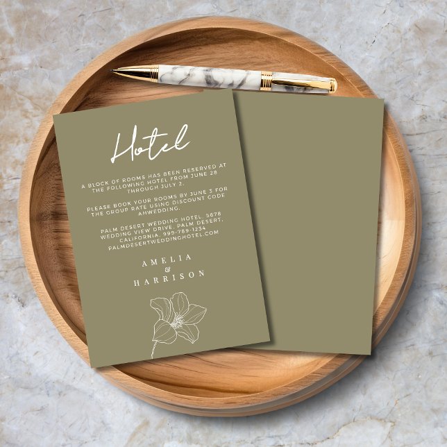 Olive Green Elegant Floral Wedding Hotel Enclosure Card (Olive Green Elegant Floral Wedding Hotel Enclosure Card with Line Art Flower, Script Calligraphy.)