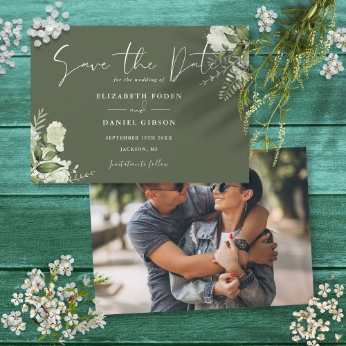 Olive Green Elegant Greenery Floral Photo Wedding Save The Date