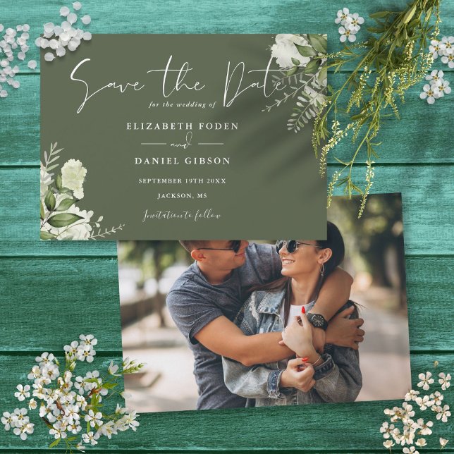 Olive Green Elegant Greenery Floral Photo Wedding Save The Date (Olive Green Elegant Greenery Floral Photo Wedding Save The Date)