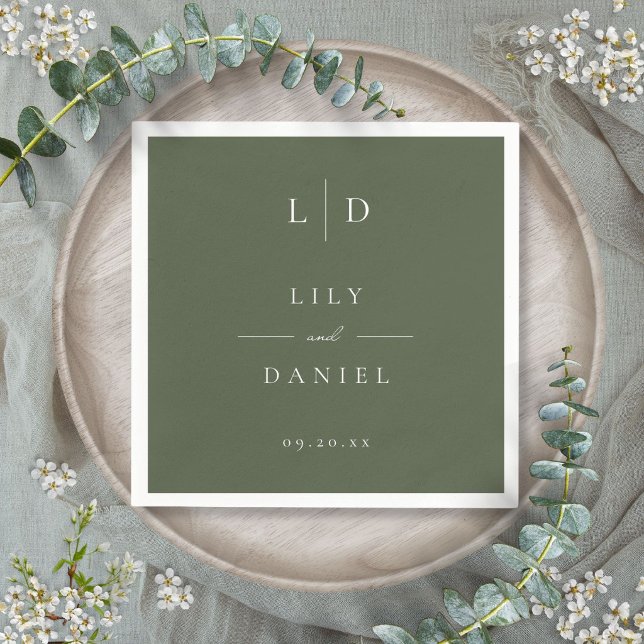 Olive Green Elegant Minimalist Monogram Wedding  Napkins (Olive Green Elegant Minimalist Monogram Wedding Napkins)