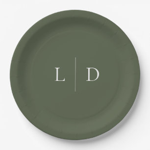 Olive Green Elegant Minimalist Monogram Wedding Paper Plates