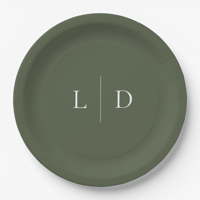 Olive Green Elegant Minimalist Monogram Wedding Paper Plates (Front)