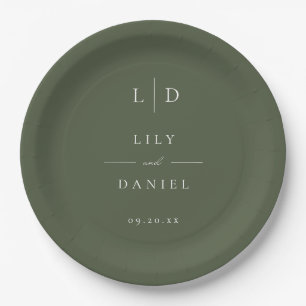 Olive Green Elegant Minimalist Monogram Wedding Paper Plates