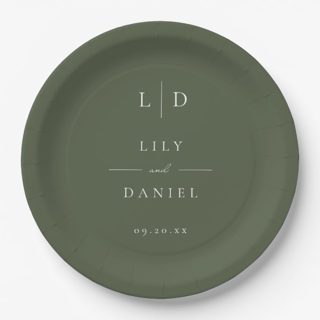 Olive Green Elegant Minimalist Monogram Wedding Paper Plates (Front)