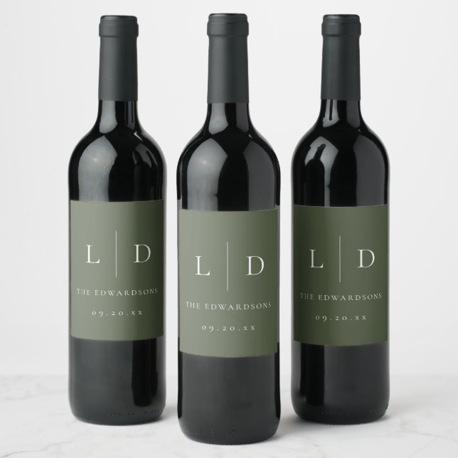 Olive Green Elegant Minimalist Monogram Wedding Wine Label (Bottles)