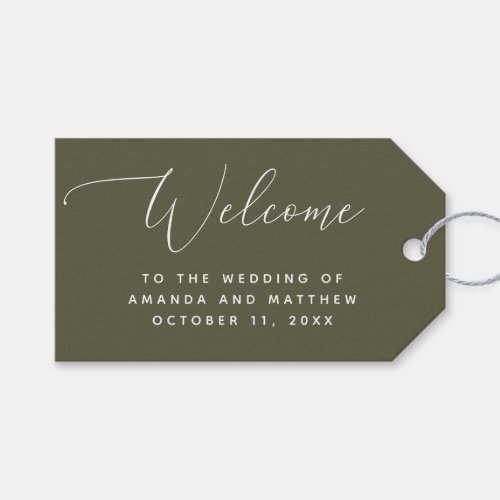 Olive green elegant minimalist wedding welcome gift tags