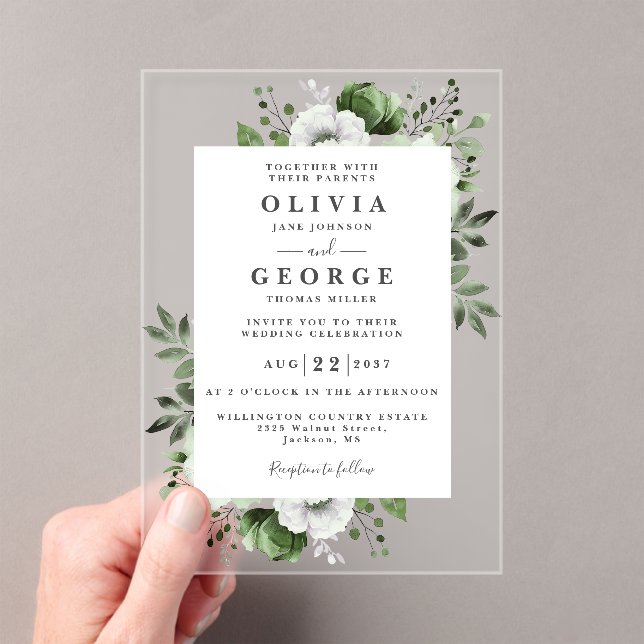 Olive Green Elegant Modern Floral Wedding Acrylic Invitations (Insitu (Handheld))