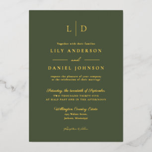 Olive Green Elegant Modern Monogram Wedding Gold Foil Invitation