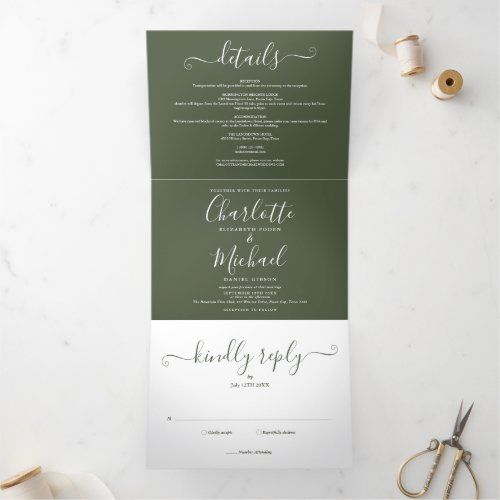 Olive Green Elegant Modern Photo Script Wedding Tri_Fold Invitation