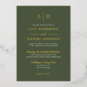 Olive Green Elegant Monogram Luxury Wedding Gold Foil Invitation