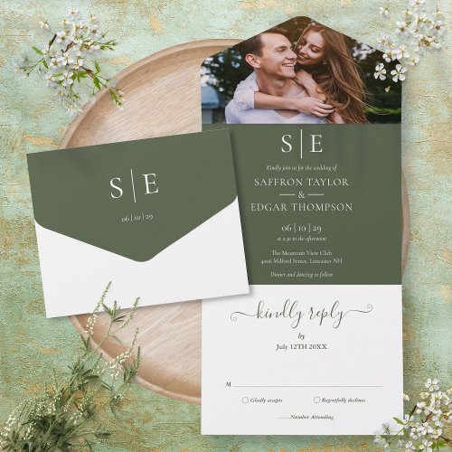 Olive Green Elegant Monogram Photo Wedding All In One Invitation