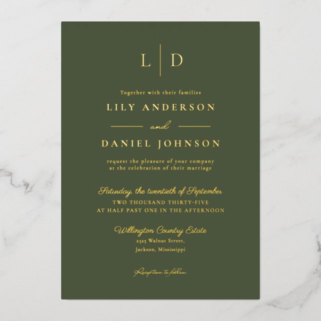 Olive Green Elegant Monogram QR Code Wedding Gold Foil Invitation (Front)