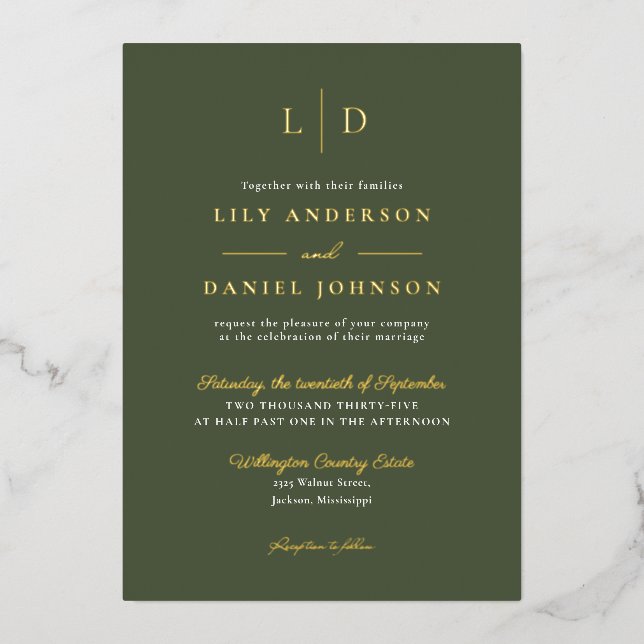 Olive Green Elegant Monogram QR Code Wedding Gold Foil Invitation (Front)