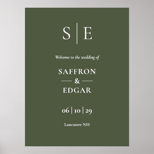 Olive Green Elegant Monogram Wedding Welcome Sign