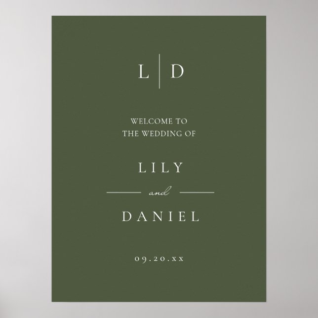 Olive Green Elegant Monogram Wedding Welcome Sign (Front)