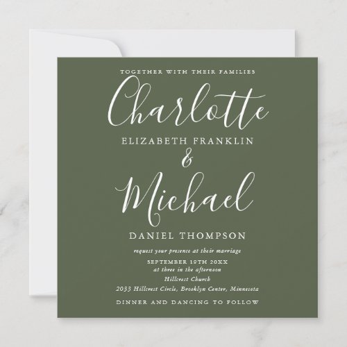 Olive Green Elegant Script All In One Wedding Invitation